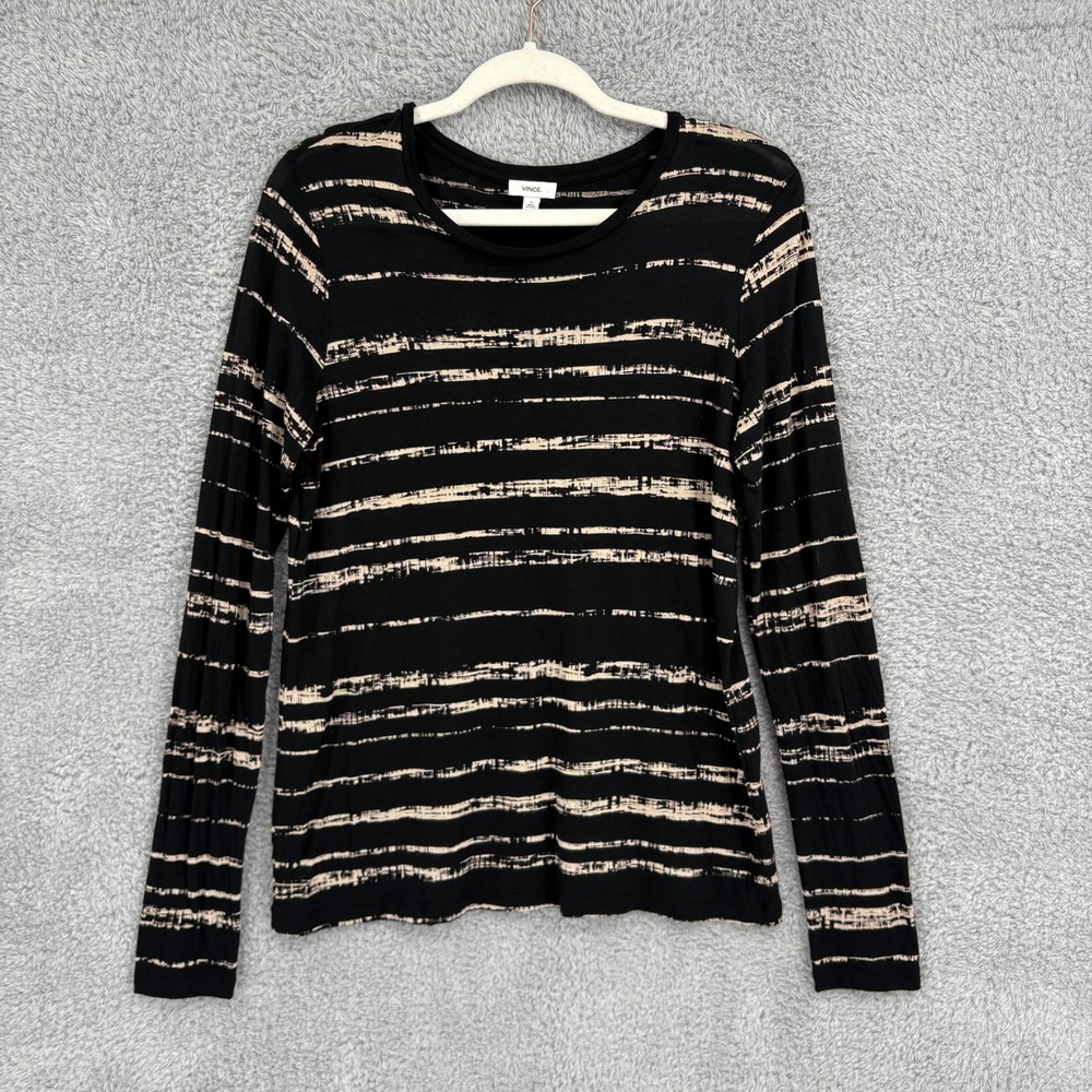 Vince Shadow Stripe Pima Cotton Modal Long Sleeve Top Womens Size M Black Cream